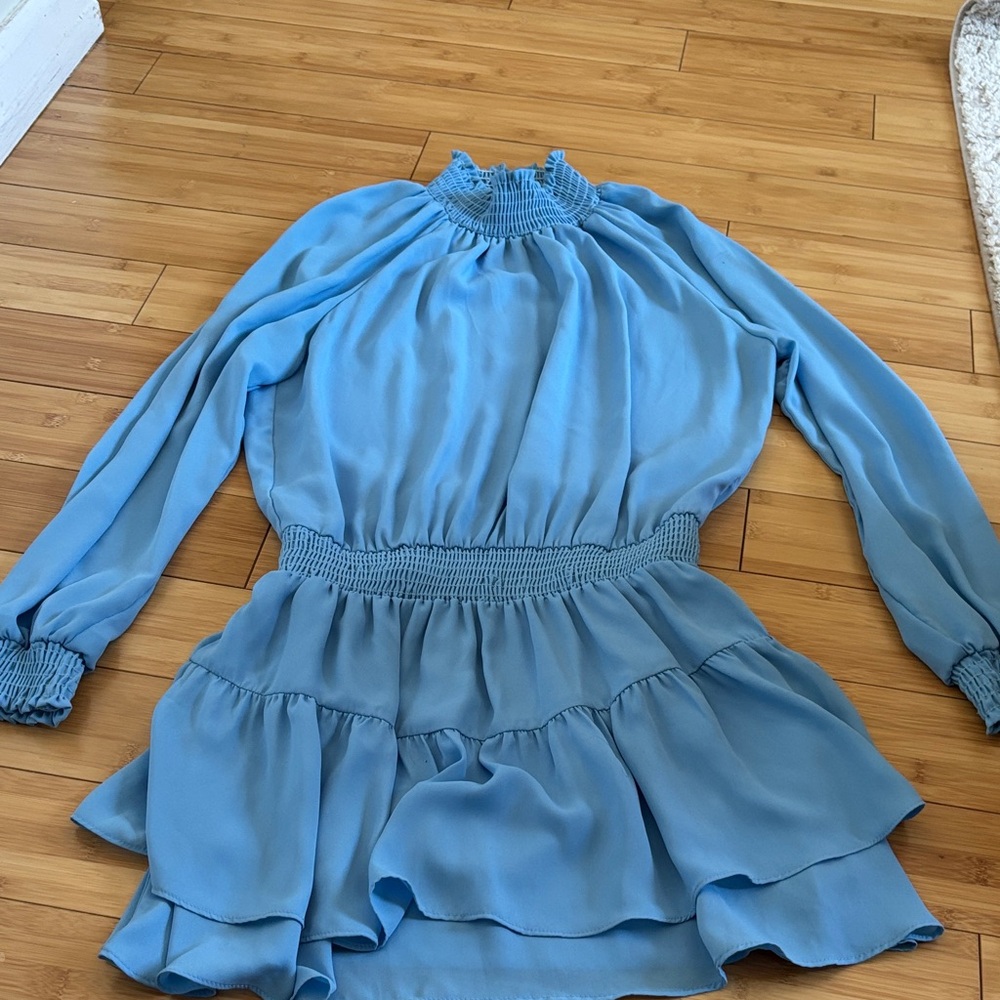 Krisa Blue Long Sleeve Ruffled Dress